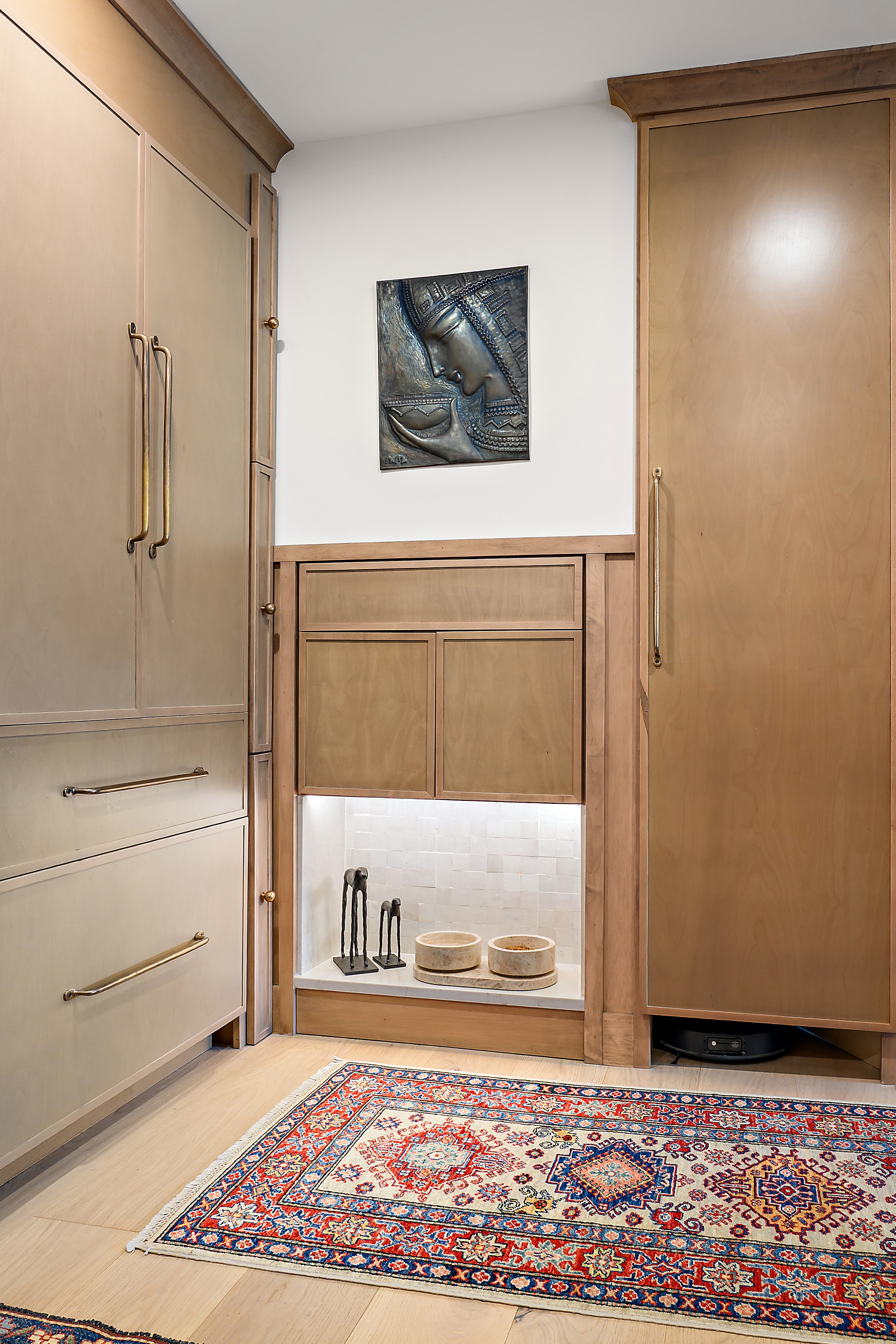 Wooden cabinet with decorative display shelf