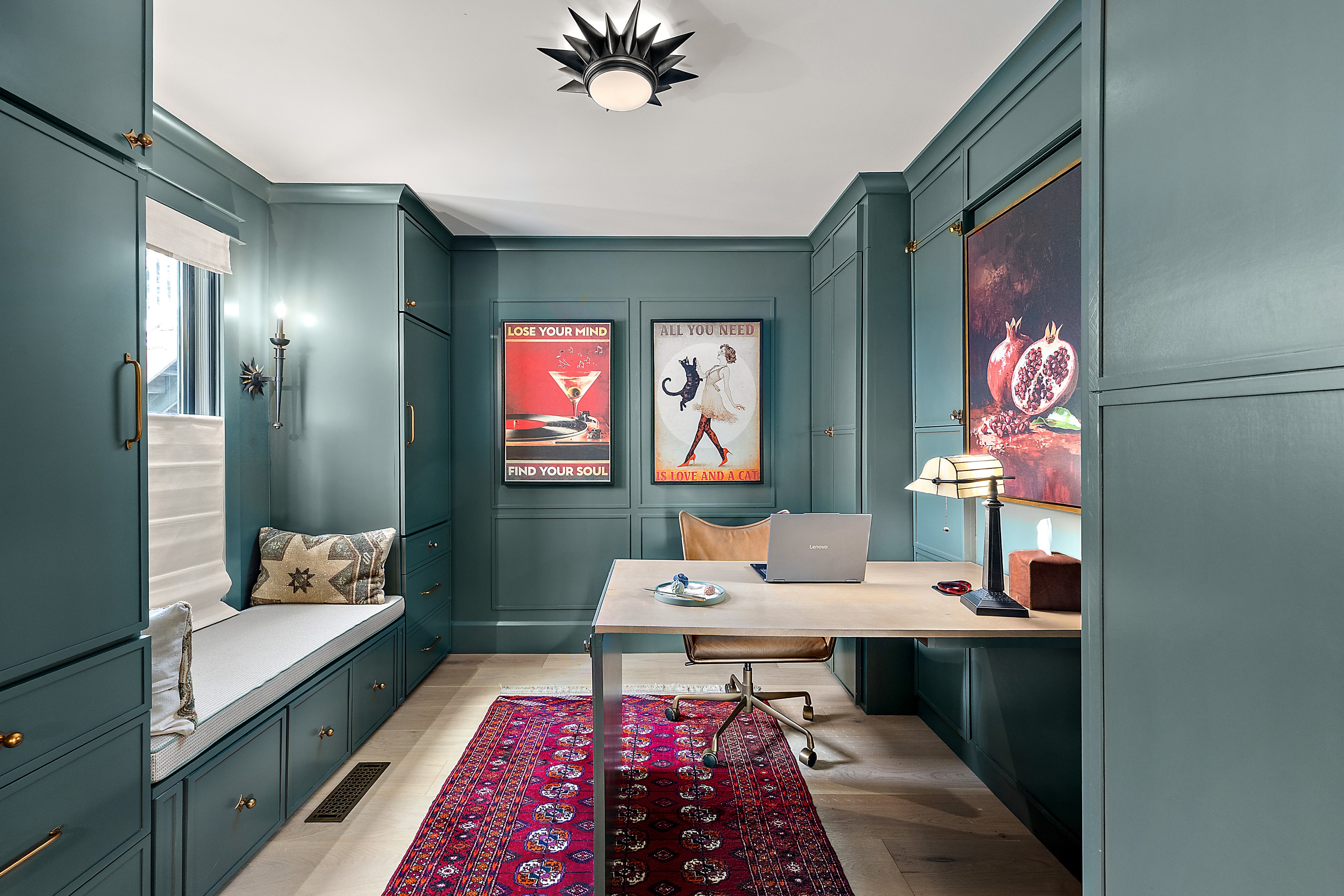 Modern living room with blue chair balcony — alternate view